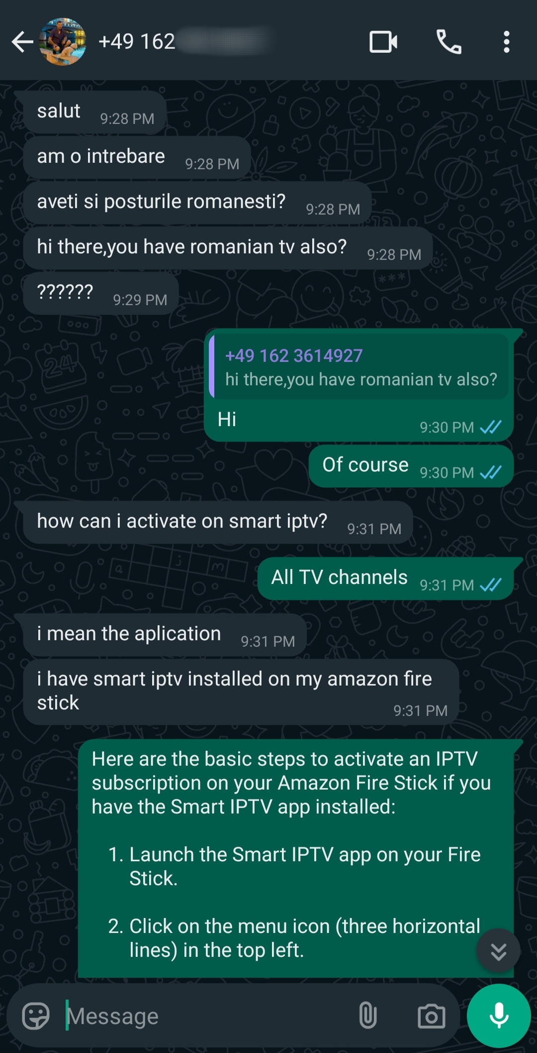 A WhatsApp chat shows a conversation about Romanian TV and activating Latino IPTV on an Amazon Fire Stick. Instructions for activation are provided in a green message, listing steps to launch and navigate the Smart IPTV app.