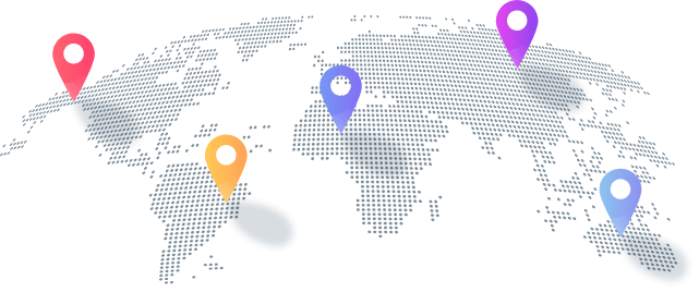 A dotted world map with five colorful map location pins—two red, one orange, one purple, and one blue—spotlights regions where Latino IPTV is popular. The design is minimalist on a light background.